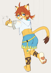 Size: 1050x1500 | Tagged: safe, artist:pureolliebranch, teo, big cat, felid, feline, lion, mammal, anthro, boy, cub, male, plantigrade, solo boy, solo cub, solo male, young, world flipper, butt, claws, clothing, hair, hoodie, looking at you, looking back, pawpads, shorts, solo, tail