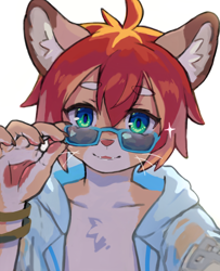Size: 1000x1233 | Tagged: safe, artist:skollchan, teo, feline, lion, anthro, boy, cub, male, solo boy, solo cub, solo male, young, world flipper, fang, fingers, green eyes, kemono, kemoshota, looking at you, smiling, smiling at you, solo, sunglasses, teeth
