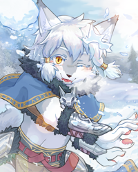 Size: 2000x2500 | Tagged: safe, artist:skollchan, canid, mammal, anthro, male, solo male, solo teen, teen, young, 5 fingers, amber eyes, fang, fingers, fur, gray fur, hair, looking at you, outdoors, pawpads, smiling, smiling at you, snow, solo, teeth, white fur, winking, winter