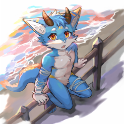 Size: 1500x1500 | Tagged: safe, artist:skollchan, dragon, furred dragon, mythological creature, anthro, boy, cub, male, solo boy, solo cub, solo male, young, 5 fingers, amber eyes, beach, blue fur, blushing, featureless crotch, fingers, fur, horn, navel, nudity, solo, white fur