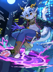 Size: 1800x2454 | Tagged: safe, artist:skollchan, dragon, furred dragon, mythological creature, wingless dragon, anthro, boy, cub, male, solo boy, solo cub, solo male, young, amber eyes, blue fur, blushing, clothing, fur, hair, horn, jacket, kemono, kemoshota, nighttime, open jacket, pawpads, solo, tail, white fur