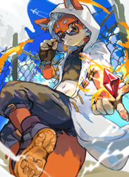 Size: 1100x1500 | Tagged: safe, artist:skollchan, canid, mammal, anthro, boy, cub, male, slender, solo boy, solo cub, solo male, solo teen, teen, twink, young, 5 fingers, amber eyes, clothing, daytime, fingers, hoodie, kemono, kemoshota, outdoors, solo, sunglasses