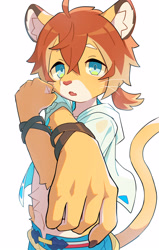 Size: 2596x4093 | Tagged: safe, artist:konazarame, teo, feline, lion, anthro, boy, cub, male, solo boy, solo cub, solo male, young, world flipper, blue eyes, clothing, hoodie, looking at you, solo, stretching, tail
