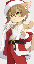 Size: 2191x4083 | Tagged: safe, artist:konazarame, cat, felid, mammal, anthro, boy, cub, male, slender, solo boy, solo cub, solo male, young, christmas, holiday, belt, blushing, brown fur, clothing, embarrassed, fur, green eyes, jacket, kemono, kemoshota, pants, santa hat, santa outfit, solo, sweat, tail, tank top, undressing, undressing self
