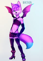 Size: 904x1280 | Tagged: safe, artist:bastion shadowpaw, oc:maffnifficent, canid, demon, fox, mammal, mythological creature, red fox, anthro, boy, cub, male, solo boy, solo cub, solo male, young, halloween, crossdressing, high heels, latex, leather, navel, solo, stockings, tail, wings