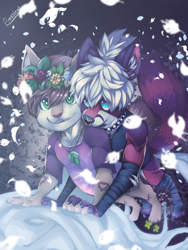 Size: 2400x3200 | Tagged: safe, artist:bastion shadowpaw, oc:gavin, oc:oliver collins, canid, chipmunk, dog, fox, hybrid, mammal, rodent, anthro, anthro/anthro, boy, boy/boy, boys only, male, male/male, males only, plantigrade, teen, teen/teen, young, young/young, bottomless, cherry blossoms, clothing, duo, flower crown, green eyes, hug, magic, pendant, romantic, smiling, spring, tree