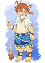 Size: 2894x4093 | Tagged: safe, artist:tukuenomoto, teo, feline, lion, anthro, boy, cub, male, solo boy, solo cub, solo male, young, world flipper, digital, blue eyes, clothing, fur, hair, hoodie, kemono, kemoshota, looking at you, open hoodie, shorts, solo, tail, tan fur, whiskers, white fur