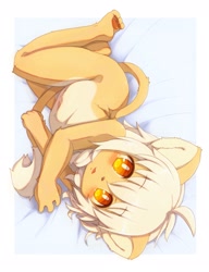 Size: 1569x2048 | Tagged: safe, artist:kasasagi, big cat, felid, lion, mammal, anthro, boy, cub, male, plantigrade, solo boy, solo cub, solo male, young, amber eyes, fur, hair, kemono, kemoshota, looking at you, looking up, looking up at you, lying, nudity, on side, solo, tail, tan fur