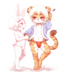 Size: 1500x1700 | Tagged: safe, artist:kasasagi, big cat, felid, lagomorph, mammal, rabbit, tiger, anthro, anthro/anthro, boy, boy/boy, boys only, cub, cub/cub, cubs only, male, male/male, males only, young, young/young, black fur, blushing, clothing, duo, fundoshi, fur, hair, hair clip, kemono, kemoshota, looking at another, looking at each other, open shirt, orange fur, red eyes, stripes, topless, white fur