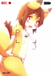Size: 1100x1600 | Tagged: safe, artist:kasasagi, canid, fox, mammal, red fox, anthro, boy, cub, male, solo boy, solo cub, solo male, young, cel shaded, colored, digital, blushing, clothing, dipstick tail, fundoshi, fur, furgonomics, hair, kemono, kemoshota, solo, tail, topless, white fur, yellow fur