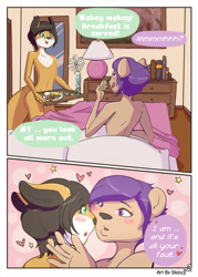 Size: 819x1146 | Tagged: suggestive, artist:skizu, oc:micah calsbury, oc:raynard foxglove, canid, fox, mammal, mustelid, red fox, wolverine, anthro, anthro/anthro, boy, boy/boy, boys only, femboy, male, male/male, males only, teen, teen/teen, teens only, young, young/young, comic:femboi lessons, colored, digital, bed, bedroom, blushing, duo, food, fur, indoors, navel, nudity, on bed, romantic, talking to each other