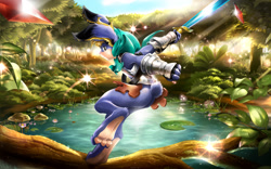 Size: 2560x1600 | Tagged: safe, artist:ancesra, cornelius, fictional species, lagomorph, mammal, pooka, rabbit, anthro, boy, cub, male, solo boy, solo cub, solo male, young, odin sphere, digital, action pose, armor, bottomless, breastplate, butt, clothing, detailed background, forest, fur, gauntlets, glade, gloves, holding weapon, on one leg, outdoors, paws, pond, solo, sword, tree, water, water lily, weapon, wielding weapon, wood