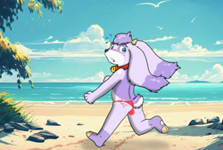 Size: 1986x1344 | Tagged: suggestive, artist:skunket, billie, bovid, caprine, goat, mammal, ungulate, anthro, boy, cub, kid, male, plantigrade, solo boy, solo cub, solo male, young, billie bust up, beach, bell, bell collar, bikini, bikini bottom, bovid horn, butt, clothing, collar, daytime, feet, fur, goat horn, horn, purple fur, seaside, socks markings, solo, swimwear, tail, thong, underwear, walking, white fur