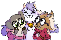 Size: 1200x790 | Tagged: safe, artist:katyblueprint, billie, lou (billie bust up), bovid, caprine, goat, mammal, ungulate, ambiguous gender, anthro, anthro/anthro, cub, cubs only, young, billie bust up, brown fur, clothing, collar, fur, gray fur, group, hair, horn, long ears, purple fur, smiling, trio