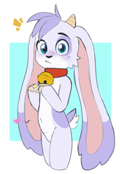 Size: 2389x3472 | Tagged: safe, artist:lewdtime, billie, bovid, caprine, goat, mammal, ungulate, ambiguous gender, anthro, boy, cub, male, solo boy, solo cub, solo male, young, billie bust up, bell, bell collar, belly, belly tuft, big ears, blue eyes, blushing, collar, eyebrows, featureless crotch, finger poking, floppy ears, fur, gesture, heart, hooved fingers, hooves, horn, horns, looking at you, mouth closed, nudity, purple fur, purple tuft, short tail, solo, tail, tan hooves, tan horn, white fur, wide eyed