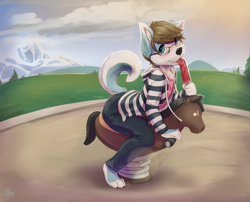 Size: 4047x3262 | Tagged: safe, artist:cobalt synapse, oc:cobalt husky, canid, dog, husky, mammal, siberian husky, anthro, boy, cub, male, plantigrade, solo boy, solo cub, solo male, young, barefoot, blue eyes, blue fur, clothing, daytime, eating, fully clothed, fur, glasses, holding food, holding popsicle, hoodie, looking at you, outdoors, playground, playing, popsicle, smiling, smiling at you, solo, spring rider, suggestive food, white fur