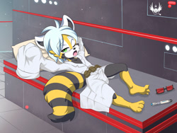 Size: 1500x1125 | Tagged: suggestive, artist:diman, oc:lex (azure the gamer kobold), red panda, anthro, boy, cub, male, solo boy, solo cub, solo male, young, cel shaded, colored, digital, 2015, balls, erection, erection under clothing, fur, green eyes, one eye closed, open mouth, solo, yawning