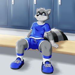 Size: 1600x1600 | Tagged: safe, artist:wagner mutt, oc:rabid raccoon, mammal, raccoon, anthro, boy, cub, male, plantigrade, solo boy, solo cub, solo male, young, colored, digital, fully shaded, bulge, clothing, fur, indoors, locker room, lockers, looking at you, shoes, shorts, smiling, sneakers, socks, solo