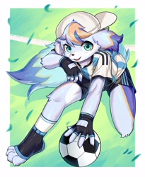 Size: 3361x4096 | Tagged: safe, artist:xiao langao, oc:xiao langao, canid, dog, mammal, anthro, boy, cub, male, solo boy, solo cub, solo male, young, 4 toes, ball cap, blue fur, blue hair, fingerless gloves, floppy ears, fully clothed, fur, green eyes, hat, jersey, kemono, kemoshota, looking at you, orange fur, shorts, smiling, smiling at you, soccer, soccer ball, solo, sports, sports uniform, tail, white fur