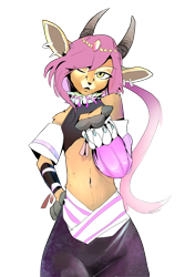 Size: 1332x2000 | Tagged: safe, artist:meso, pitsch arbouris, antelope, bovid, bovine, gazelle, mammal, anthro, femboy, male, slender, solo teen, teen, young, caravan stories, blowing kiss, bovid horn, brown fur, clothing, crossdressing, ear piercing, earring, fingers, fur, gloves, hooved fingers, hooves, horn, jewelry, looking at you, navel, piercing, shorts, skimpy outfit, solo, transparent background, white fur
