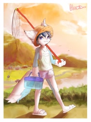 Size: 1200x1600 | Tagged: safe, artist:min, oc:hazel (nc_hazel), canid, mammal, anthro, boy, cub, male, plantigrade, solo boy, solo cub, solo male, young, cel shaded, colored, digital, fully clothed, hat, kemono, kemoshota, looking at you, outdoors, sandals, shorts, solo, violet eyes