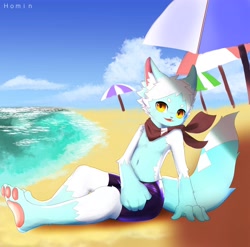 Size: 4096x4047 | Tagged: safe, artist:min, oc:hazel (nc_hazel), canid, fox, mammal, anthro, boy, cub, male, plantigrade, solo boy, solo cub, solo male, young, amber eyes, beach, clothing, kemono, kemoshota, looking at you, nipples, ocean, sand, solo, spats, topless, water