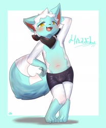 Size: 1707x2048 | Tagged: suggestive, artist:douce, oc:hazel (nc_hazel), canid, fox, mammal, anthro, boy, cub, male, solo boy, solo cub, solo male, young, 2020, bulge, clothing, featureless chest, solo, spats, topless