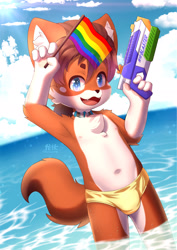 Size: 1358x1920 | Tagged: safe, artist:xiaoahwei, oc:chaska, canid, coyote, mammal, anthro, boy, cub, male, solo boy, solo cub, solo male, young, alternate version, blue eyes, bulge, clothing, kemono, kemoshota, looking at you, navel, nipples, ocean, partially submerged, smiling, solo, squirt gun, swimsuit, topless, water