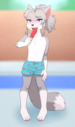 Size: 1479x2500 | Tagged: safe, artist:peony, oc:alannah, canid, fox, silver fox, anthro, cub, female, girl, solo cub, solo female, solo girl, young, colored, digital, flat colored, blushing, clothing, eating, flat breasts, fur, holding food, holding popsicle, looking at you, nipples, popsicle, popsicle in mouth, solo, swim trunks, topless