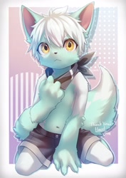 Size: 1450x2048 | Tagged: artist needed, safe, oc:hazel (nc_hazel), canid, fox, mammal, anthro, boy, cub, male, solo boy, solo cub, solo male, young, amber eyes, clothing, fur, kemono, kemoshota, kerchief, navel, shorts, solo, topless