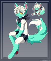 Size: 982x1188 | Tagged: safe, artist:uvuc4qv46myiqrg, canid, fox, mammal, anthro, boy, chibi, cub, male, plantigrade, solo boy, solo cub, solo male, young, amber eyes, clothing, fur, kemono, kemoshota, pawpads, solo, spats, topless