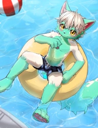 Size: 3151x4096 | Tagged: safe, artist:xpfl257477, oc:hazel (nc_hazel), anthro, boy, cub, male, solo boy, solo cub, solo male, young, bulge, floating, fur, inflatable, inner tube, kemono, kemoshota, pool float, solo, swim trunks, swimsuit, water