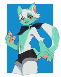 Size: 1633x2048 | Tagged: safe, artist:pa_ni_pa, oc:hazel (nc_hazel), canid, fox, mammal, anthro, boy, cub, male, solo boy, solo cub, solo male, young, blushing, cyan fur, fur, hair, kemono, kemoshota, kerchief, looking at you, navel, shorts, solo, standing, white fur, white hair