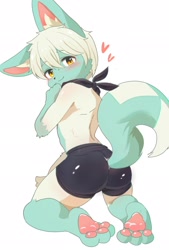 Size: 1386x2048 | Tagged: safe, artist:mintbananacake, oc:hazel (nc_hazel), canid, fox, mammal, anthro, boy, cub, male, plantigrade, solo boy, solo cub, solo male, young, big ears, blushing, clothing, cyan fur, fur, hair, kemono, kemoshota, looking at you, looking back, looking back at you, looking over shoulder, pawpads, solo, spats, topless, white fur, white hair