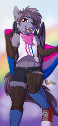 Size: 739x1600 | Tagged: safe, artist:punkpega, oc only, oc:nyn indigo, bat, bat pony, canid, chiropteran, equid, fictional species, hybrid, mammal, pony, timber wolf (mlp), anthro, boy, femboy, male, slender, solo boy, solo male, solo teen, teen, twink, young, my little pony, bisexual pride colors, bisexual pride flag, clothing, flag, fur, hair, holding flag, knee socks, legwear, membranous wings, neckerchief, open mouth, pride flag, raised leg, shoes, shorts, signature, sneakers, socks, solo, standing, tail, tank top, teeth, thigh highs, wings