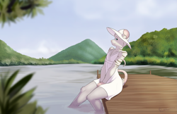Size: 1855x1200 | Tagged: safe, artist:punkpega, oc only, mammal, mouse, rodent, anthro, boy, femboy, male, slender, solo boy, solo male, solo teen, teen, twink, young, clothing, dress, fur, lake, looking at you, mountain, partially submerged, pier, solo, sun hat, tail, water, white fur