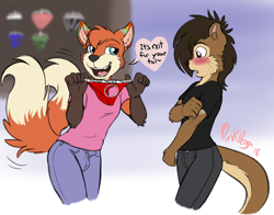Size: 2546x2000 | Tagged: safe, artist:punkpega, oc:ozzy, oc:shadow the kitsune, canid, fox, mammal, mustelid, otter, anthro, anthro/anthro, boy, boys only, cub, cubs only, male, males only, young, colored, digital, flat colored, blushing, brown fur, bulge, clothing, duo, fur, multiple tails, orange fur, panties, tail, text, two tails, underwear, whiskers