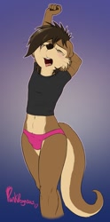 Size: 633x1280 | Tagged: safe, artist:punkpega, oc only, oc:ozzy, mammal, mustelid, otter, anthro, boy, male, slender, solo boy, solo male, solo teen, teen, twink, young, colored, digital, flat colored, blushing, bulge, clothing, crop top, eyes closed, fur, navel, panties, solo, tail, tongue, tongue out, underwear, yawning