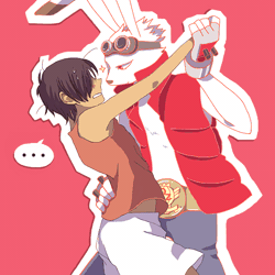 Size: 600x600 | Tagged: safe, artist:いちこ, kazuma ikezawa, king kazma, human, lagomorph, mammal, rabbit, anthro, anthro/human, boy, boys only, kid, male, male/male, males only, young, summer wars, cel shaded, colored, digital, clothing, dancing, duo, fur, goggles, goggles on head, kemono, shipping, shotacon, vest