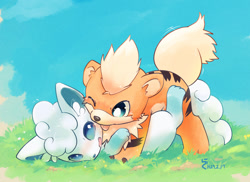 Size: 1200x875 | Tagged: suggestive, artist:rag, alolan vulpix, canid, generation 7 pokemon, growlithe, mammal, pokemon (species), vulpix, ambiguous gender, boy, boys only, chibi, cub, cub/cub, feral, feral/feral, male, males only, young, pokémon, colored, digital, fully shaded, blue eyes, cuddling, duo, fur, licking, nudity, shipping, stripes