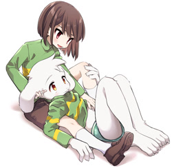 Size: 1200x1170 | Tagged: safe, artist:porygonleft, asriel dreemurr, chara, boss monster, goat, human, mammal, ungulate, anthro, anthro/human, boy, boys only, cub, furry/shota, kid, male, male/male, males only, young, undertale, amber eyes, clothing, colored briefs, cuddling, duo, fur, kemono, kemoshota, red eyes, shipping, shoes, shotacon, socks, sweater, underwear