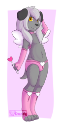 Size: 400x808 | Tagged: safe, artist:dandy, oc:eiko tsukida, canid, chocolate labrador, dog, labrador, mammal, anthro, boy, cub, male, solo boy, solo cub, solo male, young, colored, digital, fully shaded, 2012, arm warmers, black fur, clothing, collar, fur, hair, panties, solo, stockings, topless, underwear, white hair