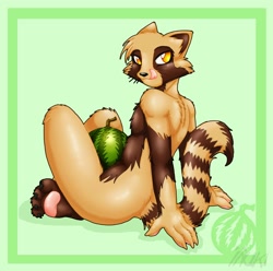 Size: 2310x2294 | Tagged: safe, artist:inuki, oc:mogu, raccoon, anthro, boy, cub, male, plantigrade, slender, solo boy, solo cub, solo male, solo teen, teen, twink, young, ai enhanced, colored, fully shaded, 2005, amber eyes, blushing, brown fur, fruit, fur, licking, licking lips, looking at you, nudity, solo, tan fur, watermelon