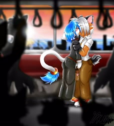 Size: 2955x3260 | Tagged: safe, artist:inuki, oc:yun, mammal, anthro, anthro/anthro, boy, boys only, cub, cub/cub, cubs only, male, male/male, males only, plantigrade, young, ai enhanced, colored, digital, fully shaded, 2005, black fur, blue hair, brown fur, bus, clothing, duo, duo focus, eyes closed, fur, hair, kissing, public affection, public transit, vehicle, white fur