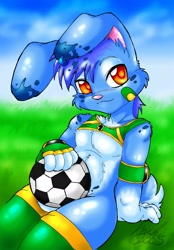 Size: 1271x1822 | Tagged: safe, artist:inuki, lagomorph, mammal, rabbit, anthro, boy, cub, male, solo boy, solo cub, solo male, young, ai enhanced, colored, digital, fully shaded, 2004, bandage, cloud, daytime, fur, grass, outdoors, sky, soccer ball, solo, stockings