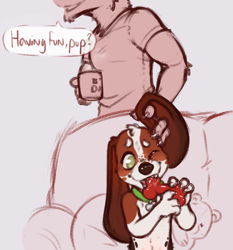 Size: 798x856 | Tagged: safe, artist:puppy dreams, oc:arrow (puppy dreams), beagle, canid, dog, mammal, adult, anthro, anthro/anthro, boy, cub, male, males only, man, young, chew toy, chewing, collar, duo, fur, green eyes, playing