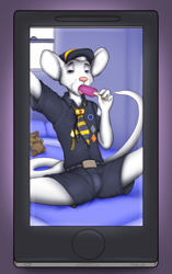 Size: 1256x2000 | Tagged: safe, artist:dizzi morhlis, oc:ket messner, mammal, mouse, rodent, anthro, boy, male, slender, solo boy, solo male, solo teen, teen, twink, young, cub scouts, 2016, ball cap, bulge, cub scout uniform, eating, fully clothed, fur, holding popsicle, mobile phone, on bed, popsicle, popsicle in mouth, shorts, sitting, solo, tail, white fur