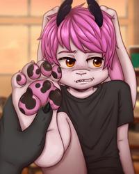 Size: 2000x2500 | Tagged: safe, artist:doober, oc:devon littlepawz, jackalope, adult, anthro, anthro/anthro, boy, cub, male, males only, young, colored, digital, fully shaded, amber eyes, antlers, blushing, buckteeth, clenched teeth, clothing, duo, embarrassed, faceless character, faceless male, foot focus, fully clothed, fur, pawpads, paws, pink fur, pink hair, pov, shirt, solo focus, t-shirt