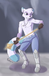Size: 1200x1855 | Tagged: safe, artist:punkpega, oc only, oc:casper windspell, mammal, procyonid, raccoon, anthro, boy, male, slender, solo boy, solo male, solo teen, teen, twink, young, digital, 2019, armor, blue eyes, boots, cave, clothing, ears, fur, gloves, glowing, jewelry, mace, necklace, one eye closed, paladin, shoes, signature, solo, tail, topless, white fur