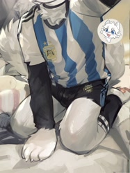 Size: 2140x2858 | Tagged: safe, artist:kiyo, oc:coke (colawolf7), canid, mammal, wolf, anthro, boy, male, plantigrade, slender, solo boy, solo male, solo teen, teen, twink, young, bulge, claws, close-up, fur, pawpads, selfie, shorts, soccer uniform, socks, solo, sports uniform, tail, white fur